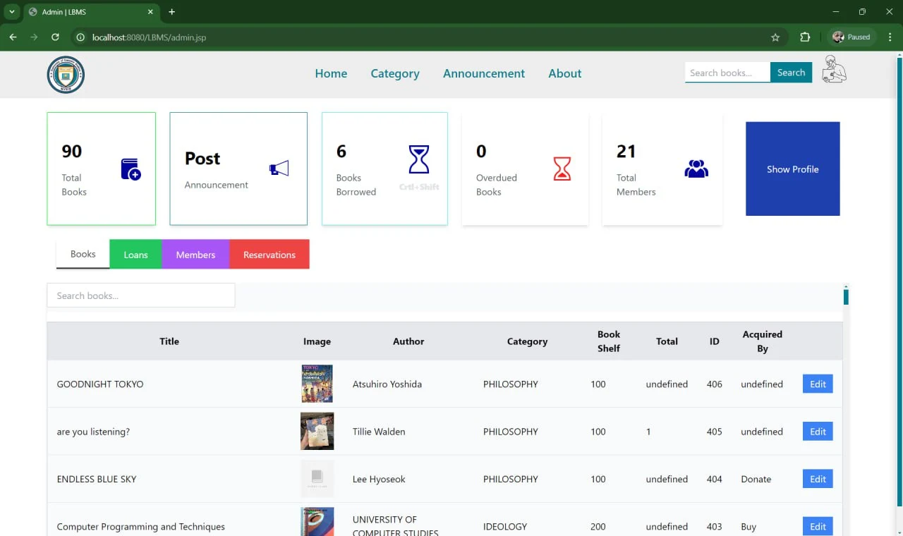 LBMS dashboard with catalog and borrowing summaries